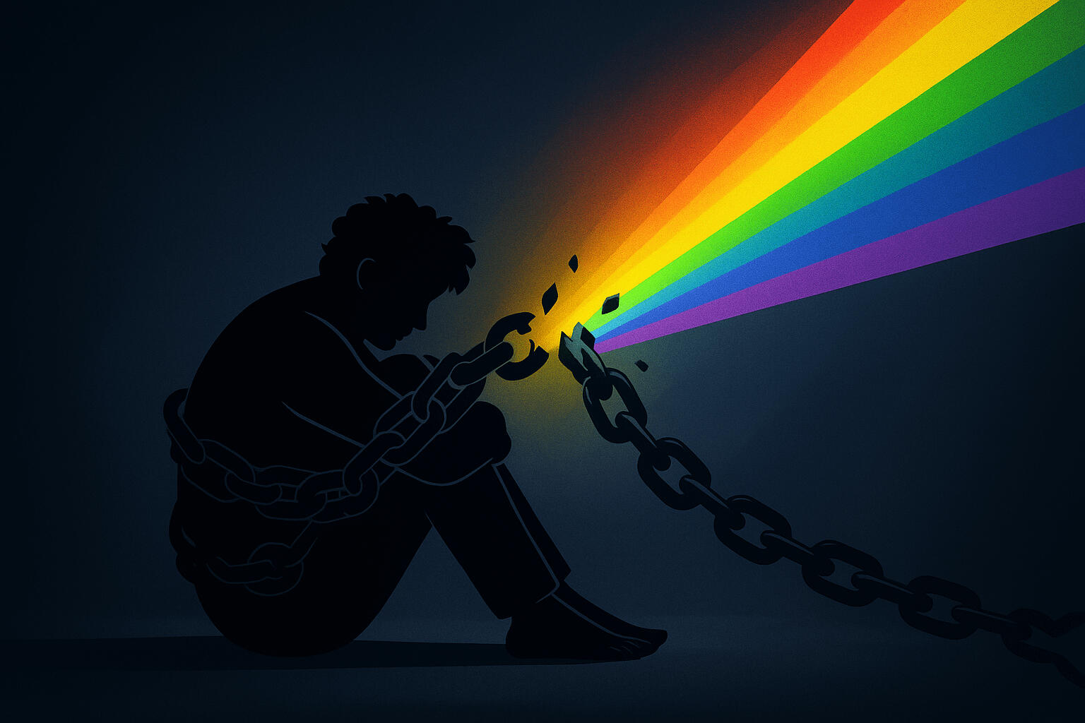 From Darkness to Light Illustration of a person breaking chains, with rainbow light shining through, symbolizing freedom and equality